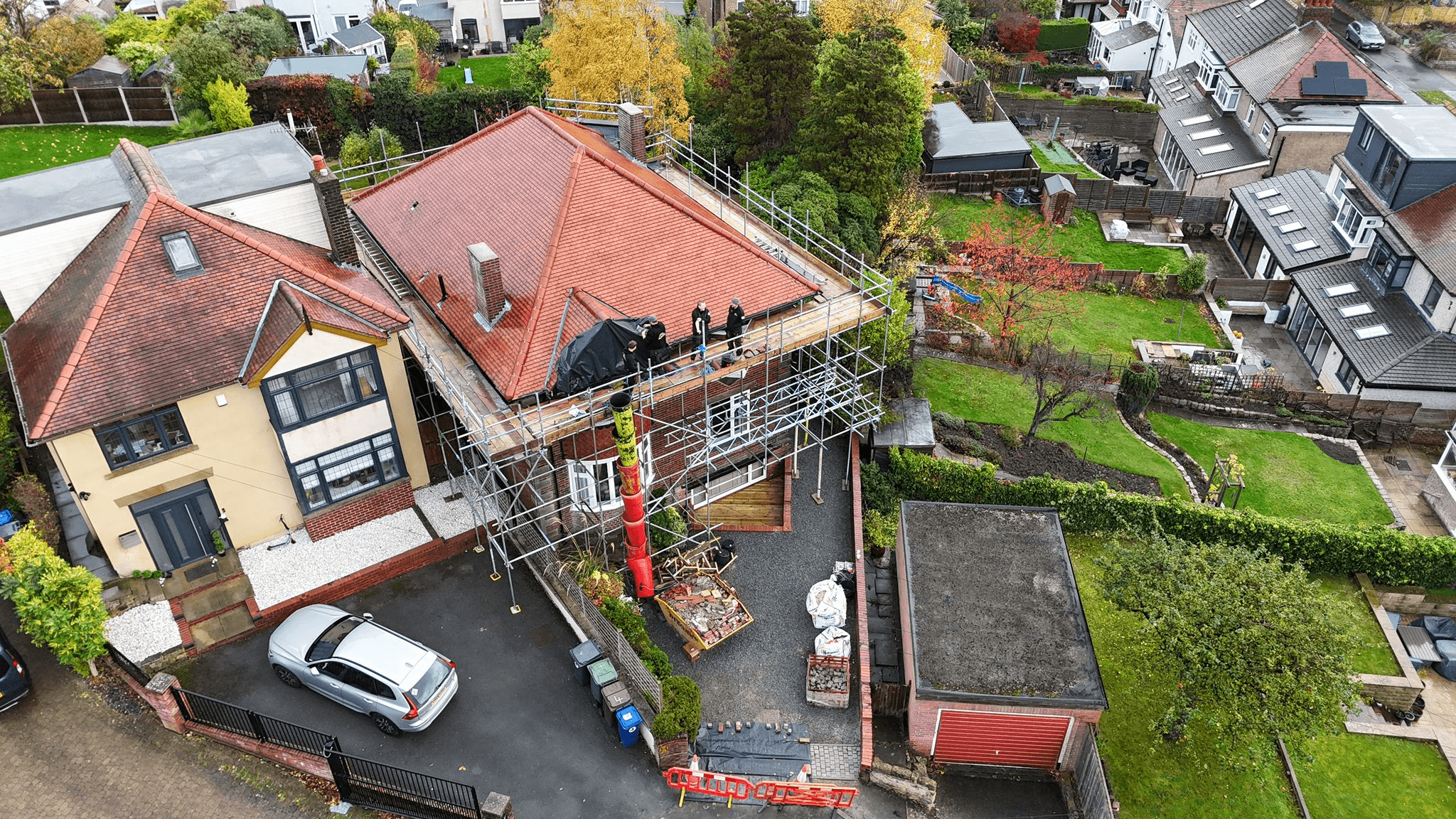 Aerial view of roofing and scaffolding works